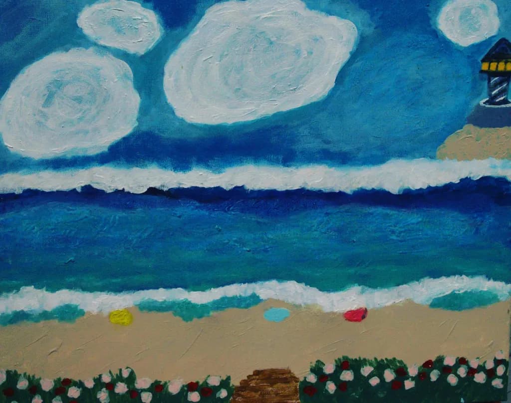 Serene Coastal Escape: A Vibrant Beach Landscape with Lush Clouds and Gentle Waves