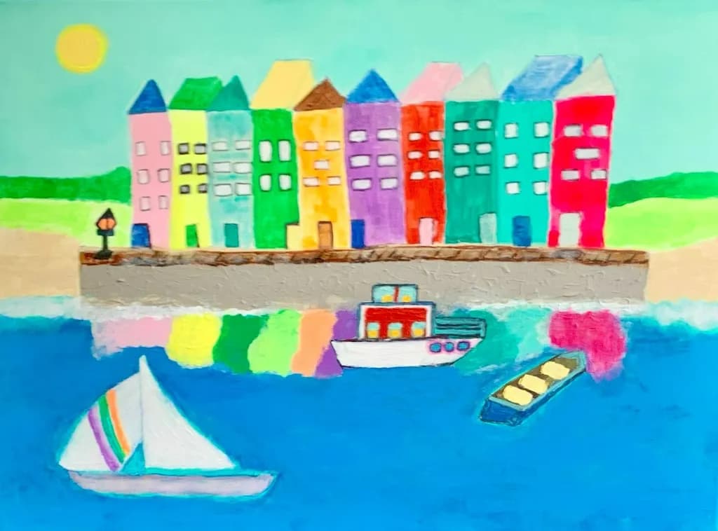 Vibrant Harbor: A Colorful Coastal Scene with Sailboats and Charming Houses