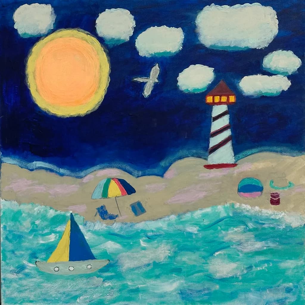 Sunlit Serenity: A Coastal Dreamscape with Lighthouse and Sailboat