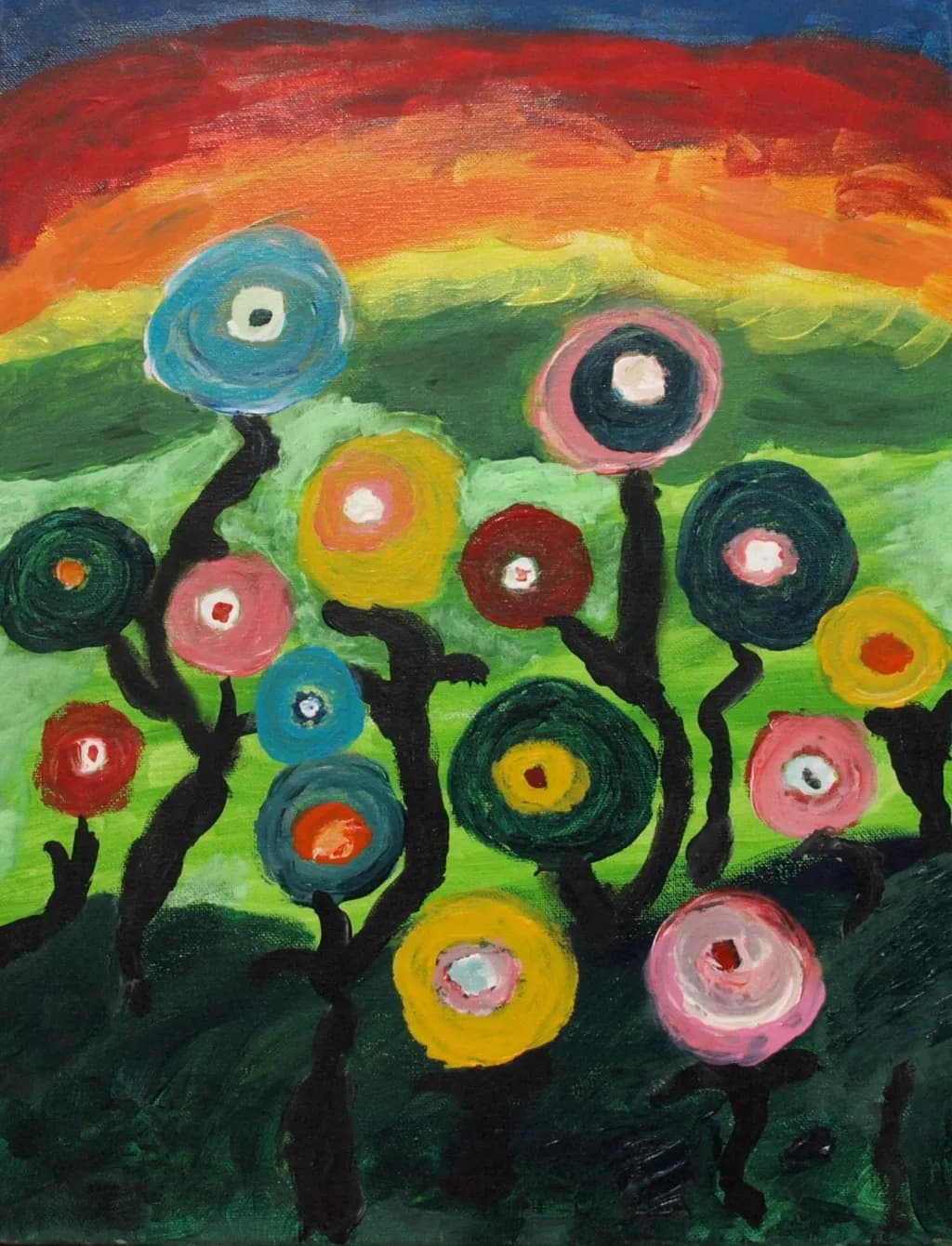 Whimsical Blossoms Under a Vibrant Sky: A Colorful Journey Through Nature's Palette