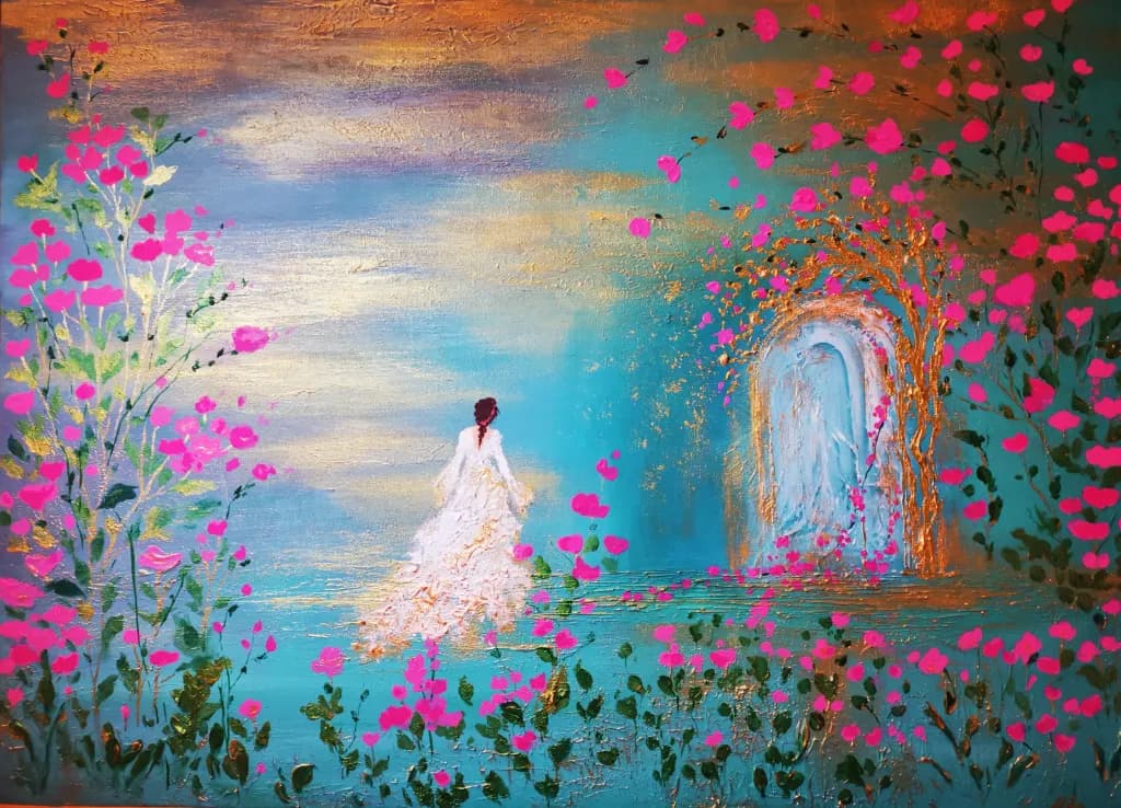 Whispers of a Dream: A Journey Through Floral Enchantment and Mystical Doorways