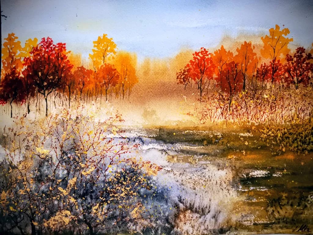 Autumn Serenity: A Vibrant Watercolor Landscape of Trees and Tranquility