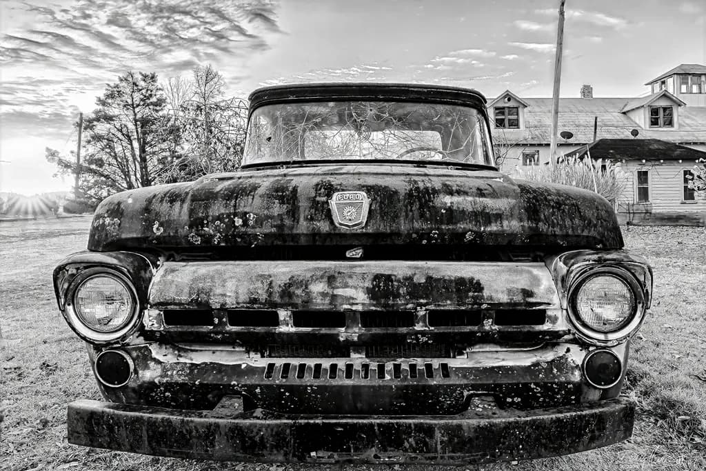 Rusty Memories: A Black and White Journey Through Time with an Old Truck