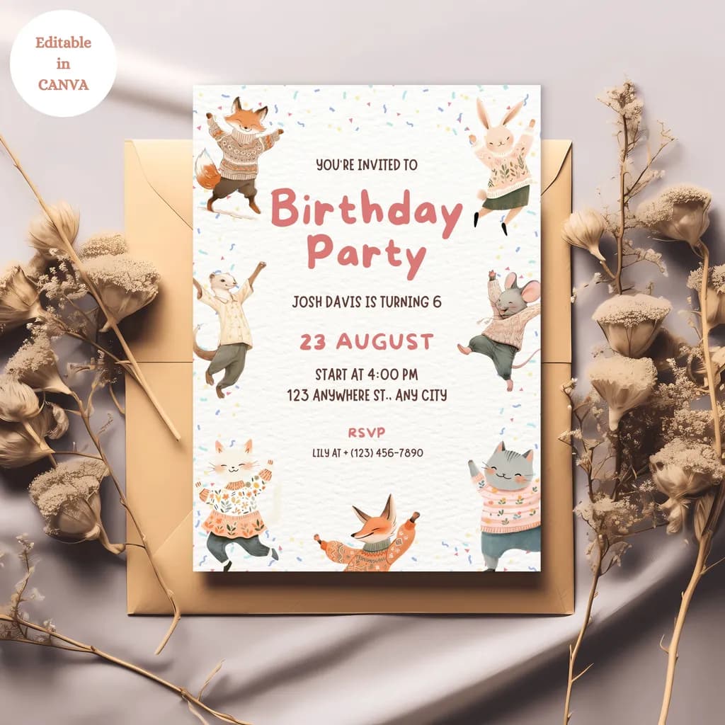 Whimsical Woodland Creatures Birthday Invitation for Josh's 6th Celebration