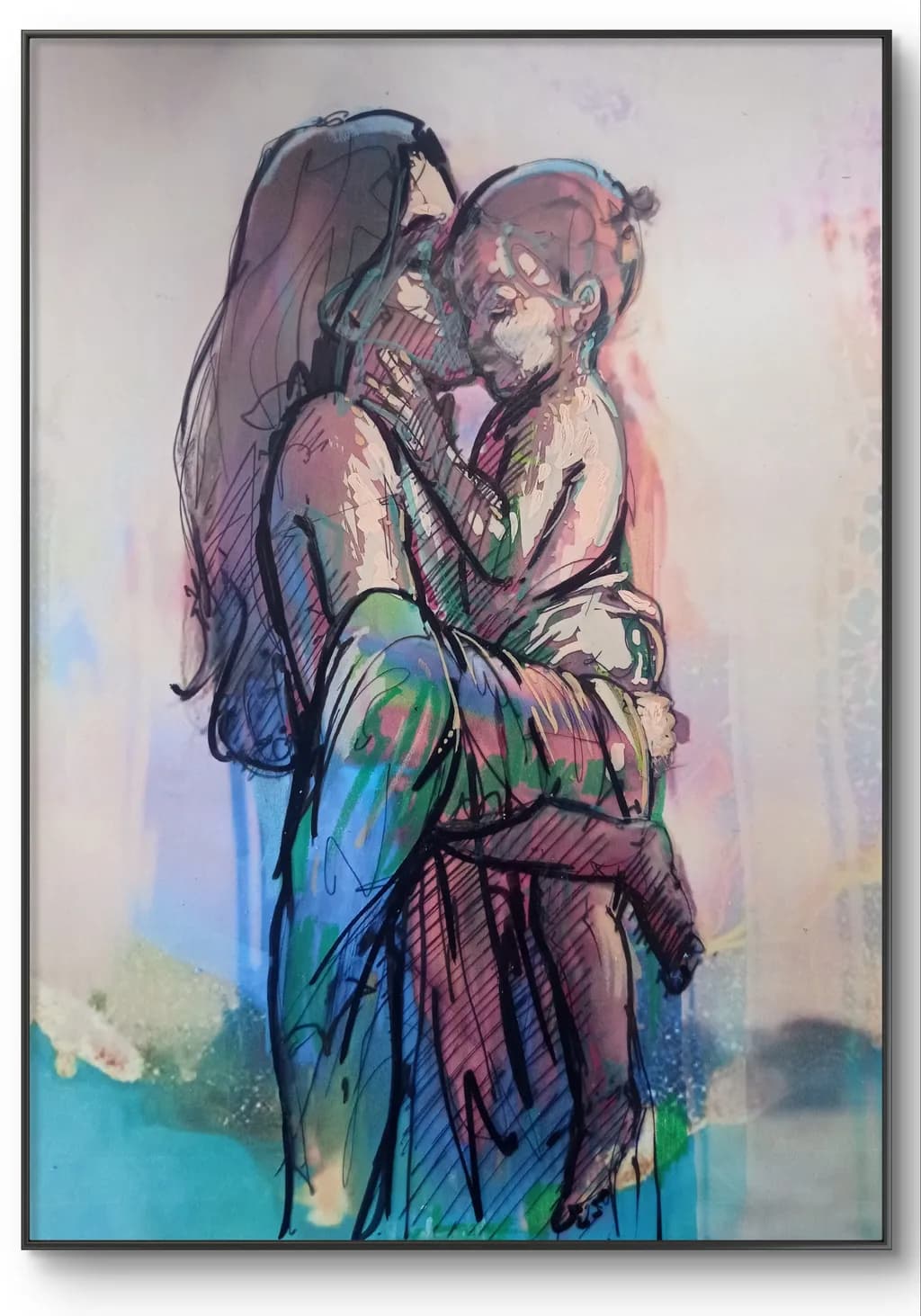 Emotional Mother and Child Artwork - Vibrant Embrace