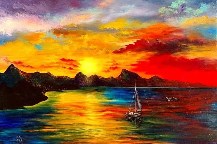 Vibrant Sunset Serenity: A Captivating Landscape of Boats on Tranquil Waters