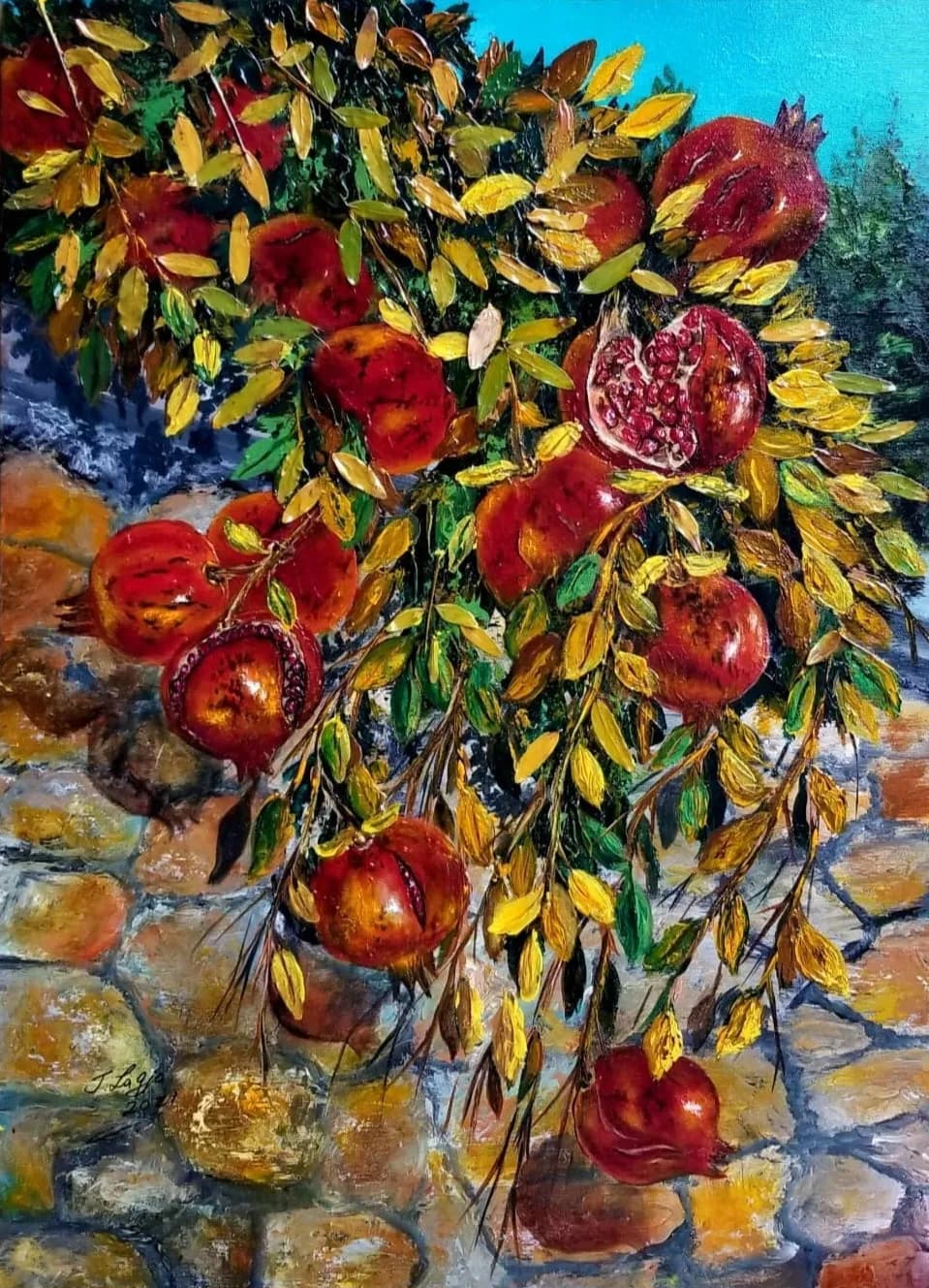 Pomegranate Dreams: A Vibrant Harvest Amidst Stone and Leaf