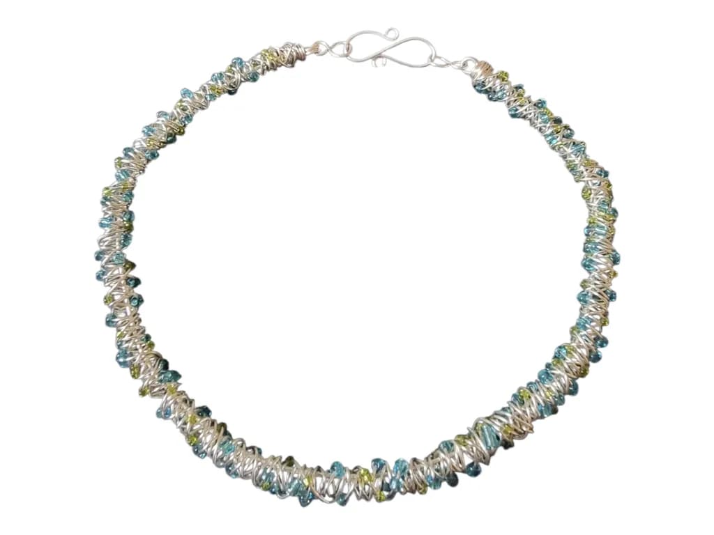 Whispers of the Ocean: Handcrafted Silver and Aqua Beaded Necklace