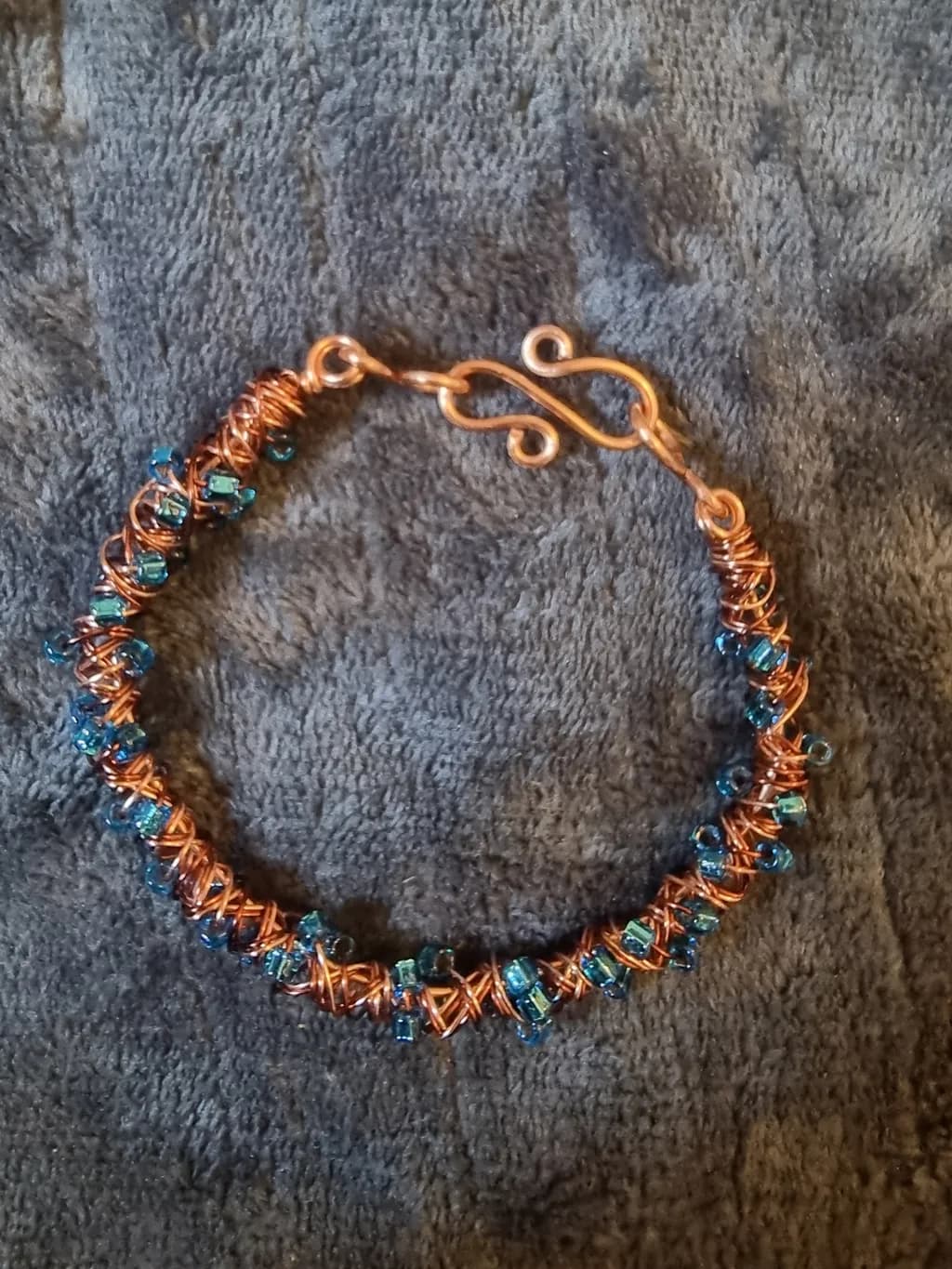 Whimsical Waves: Handcrafted Copper and Aqua Beaded Bracelet