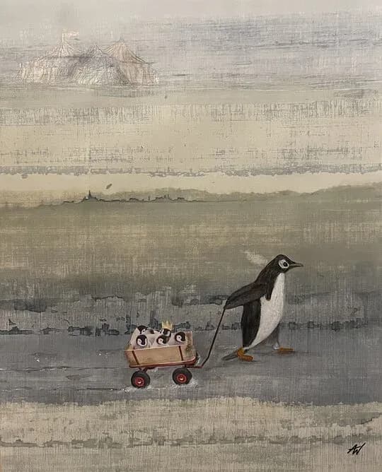 Whimsical Journey: A Penguin's Playful Adventure with a Cart of Curiosities