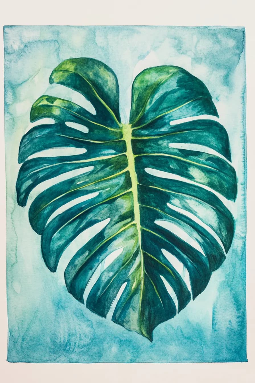 Tropical Serenity: A Watercolor Monstera Leaf on Tranquil Blue Background