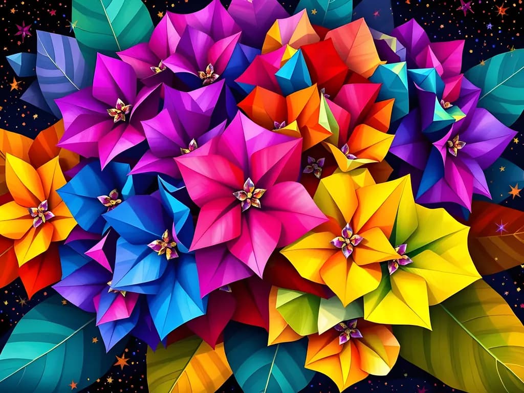 Vibrant Blossoms: A Kaleidoscope of Colorful Flowers Against a Starry Night Sky
