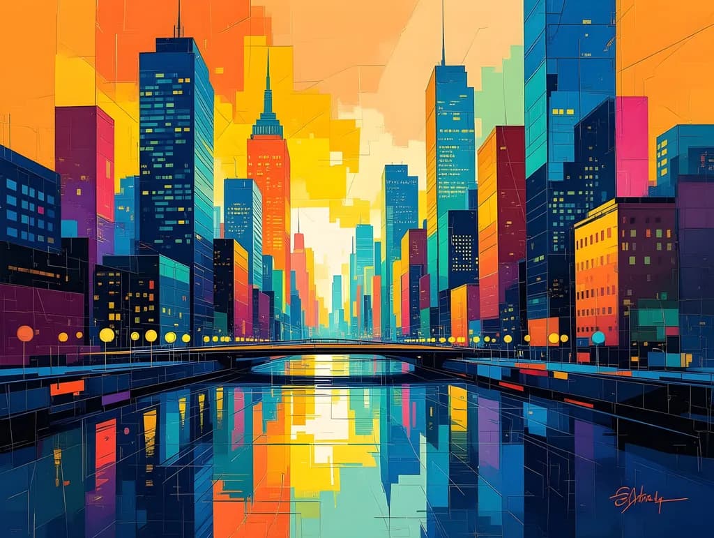 Vibrant Cityscape: A Kaleidoscope of Urban Reflections at Dusk