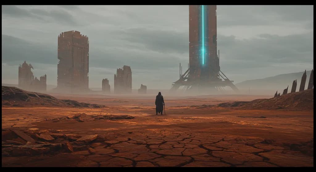 Energy Tower and man in the desert.