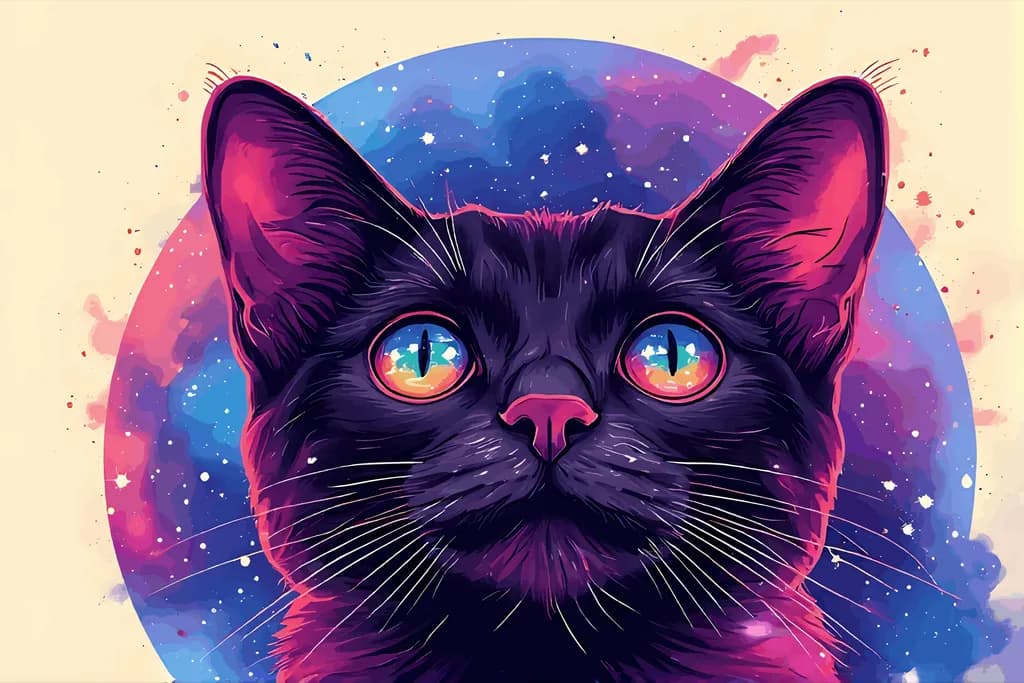 Cosmic Gaze: A Vibrant Portrait of a Black Cat in a Starry Universe