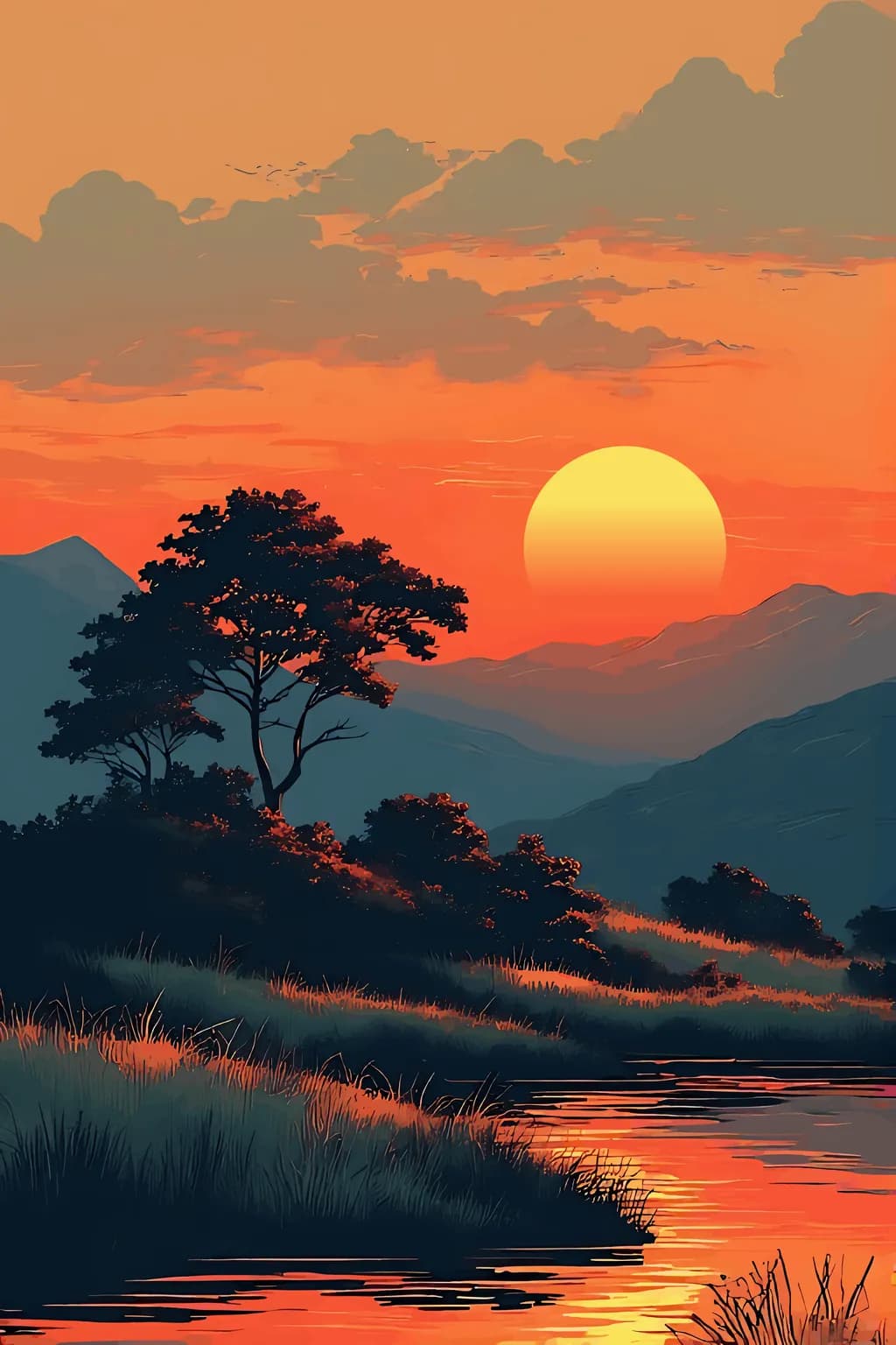Serene Sunset Reflection: A Tranquil Landscape of Nature's Beauty