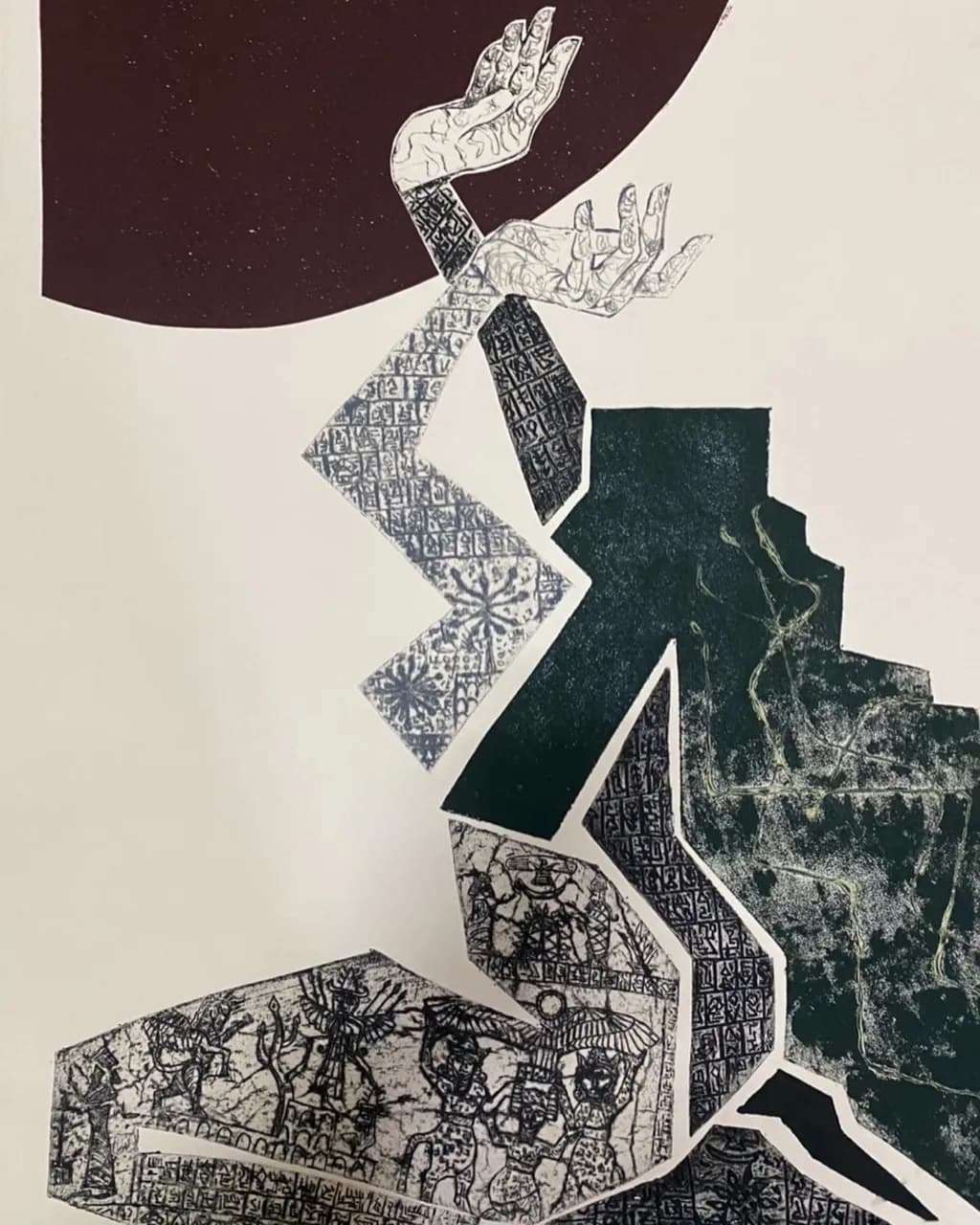 Ethereal Embrace: A Dance of Shadows and Symbols in Mixed Media Art