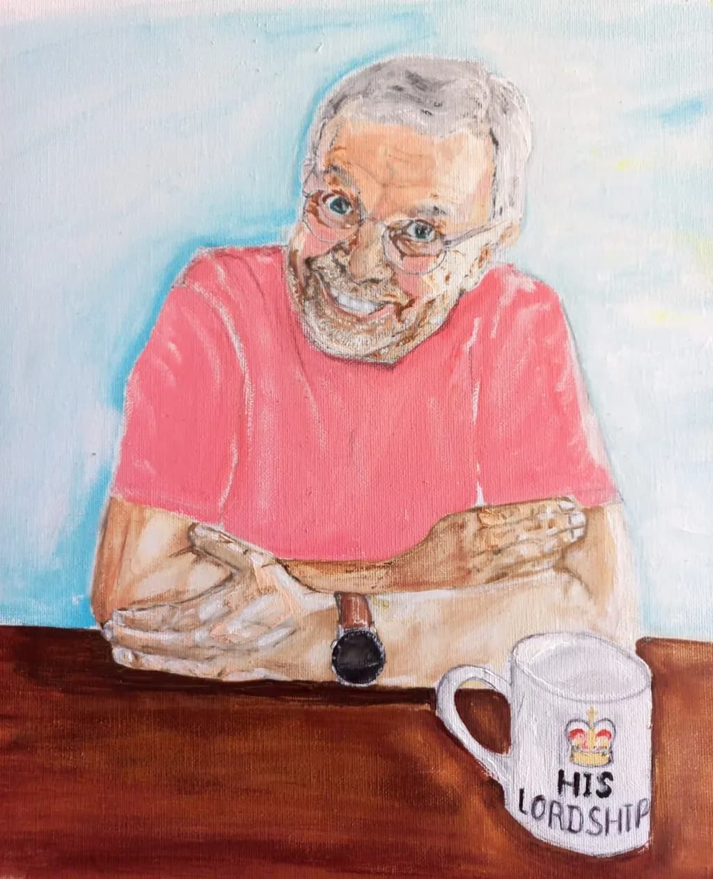 Whimsical Portrait of a Smiling Gentleman with Coffee: A Touch of Humor and Charm