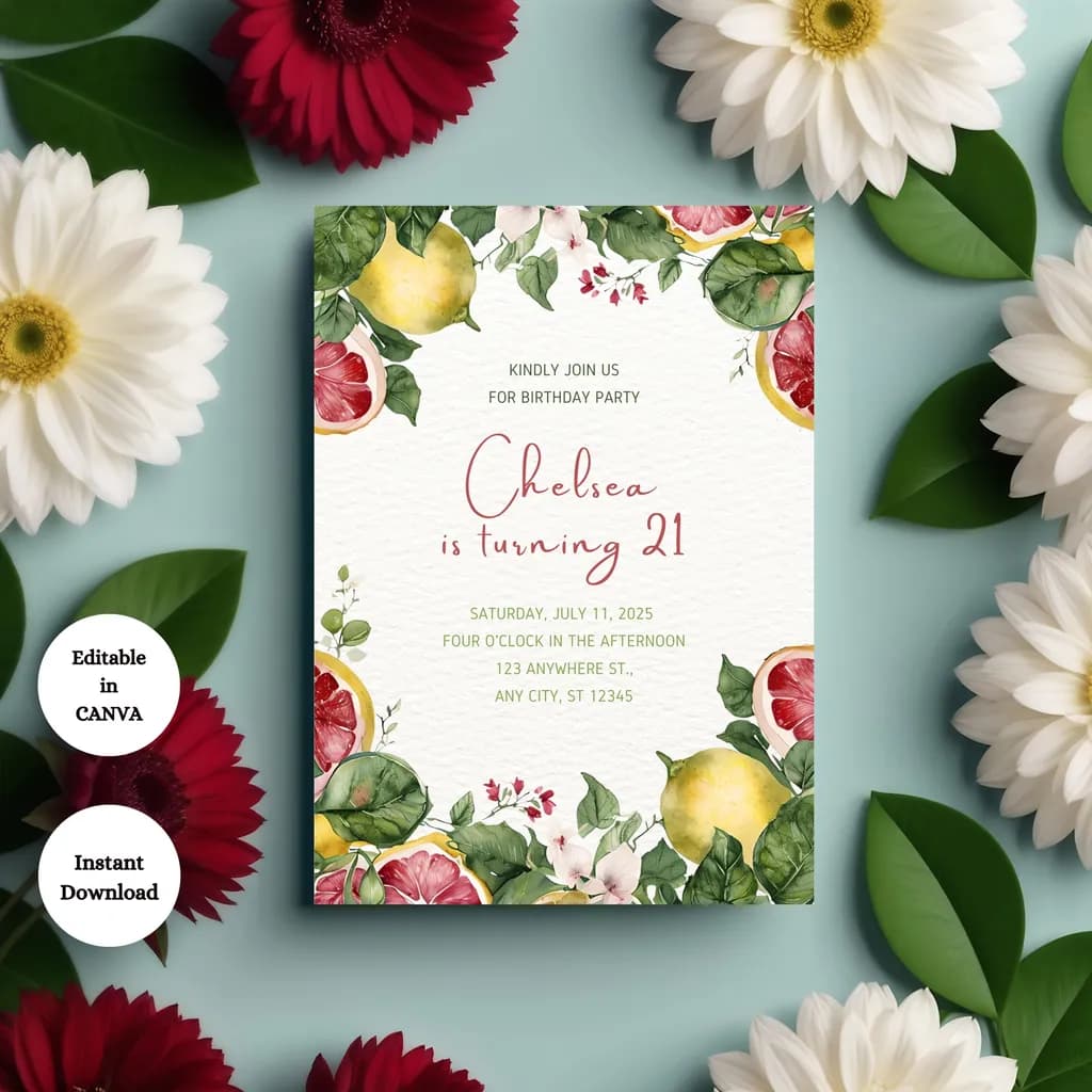 Vibrant Citrus Celebration: A Floral Invitation for Chelsea's 21st Birthday Bash