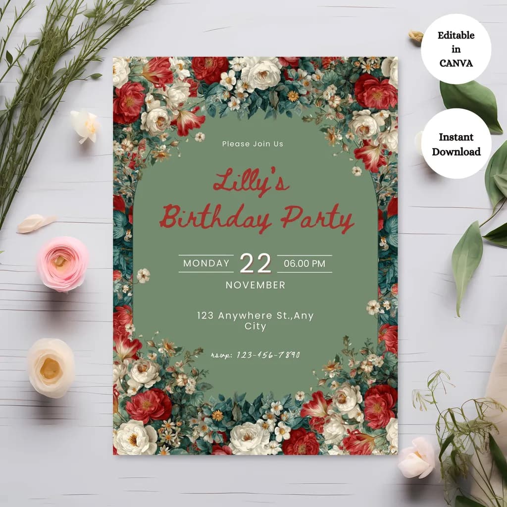 Floral Elegance: Editable Birthday Party Invitation for a Joyous Celebration