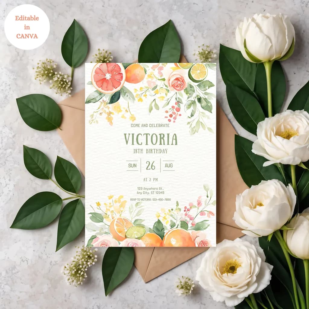 Whimsical Citrus Blossom Birthday Invitation for Victoria's 18th Celebration