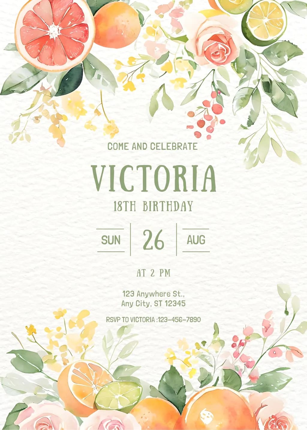 Whimsical Citrus and Floral Celebration Invitation for Victoria's 18th Birthday