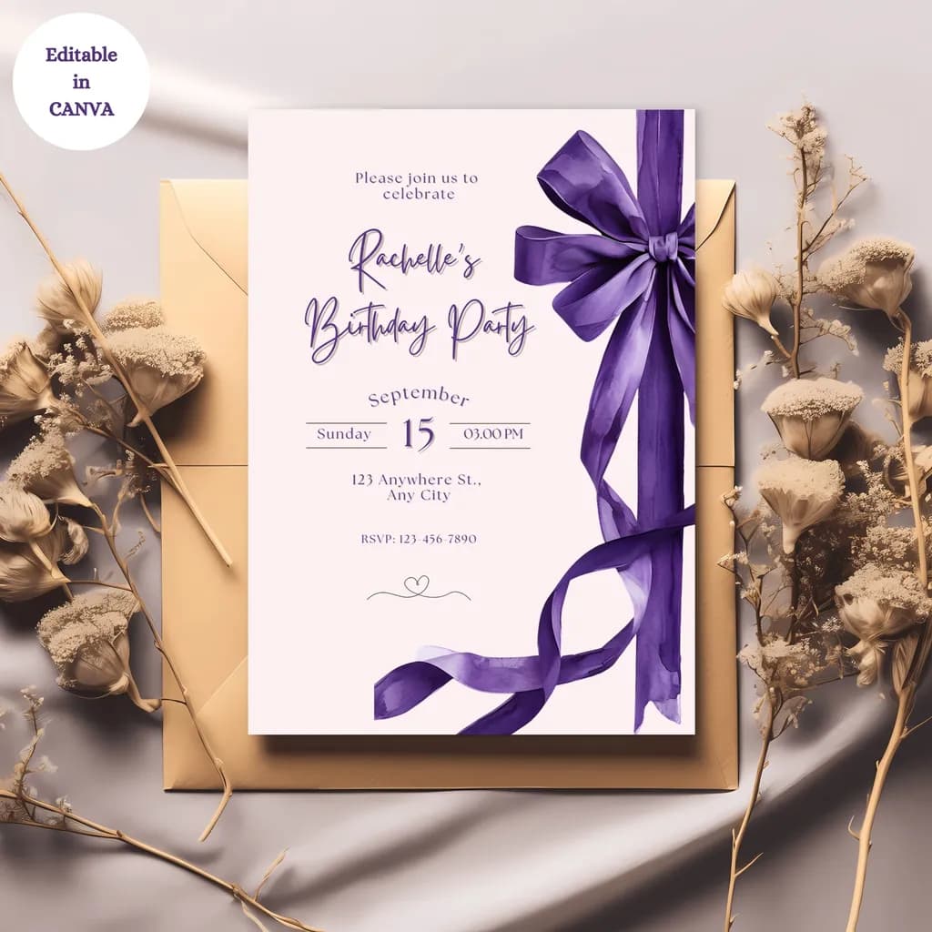 Elegant Purple Ribbon Birthday Invitation for Rachelle's Special Day