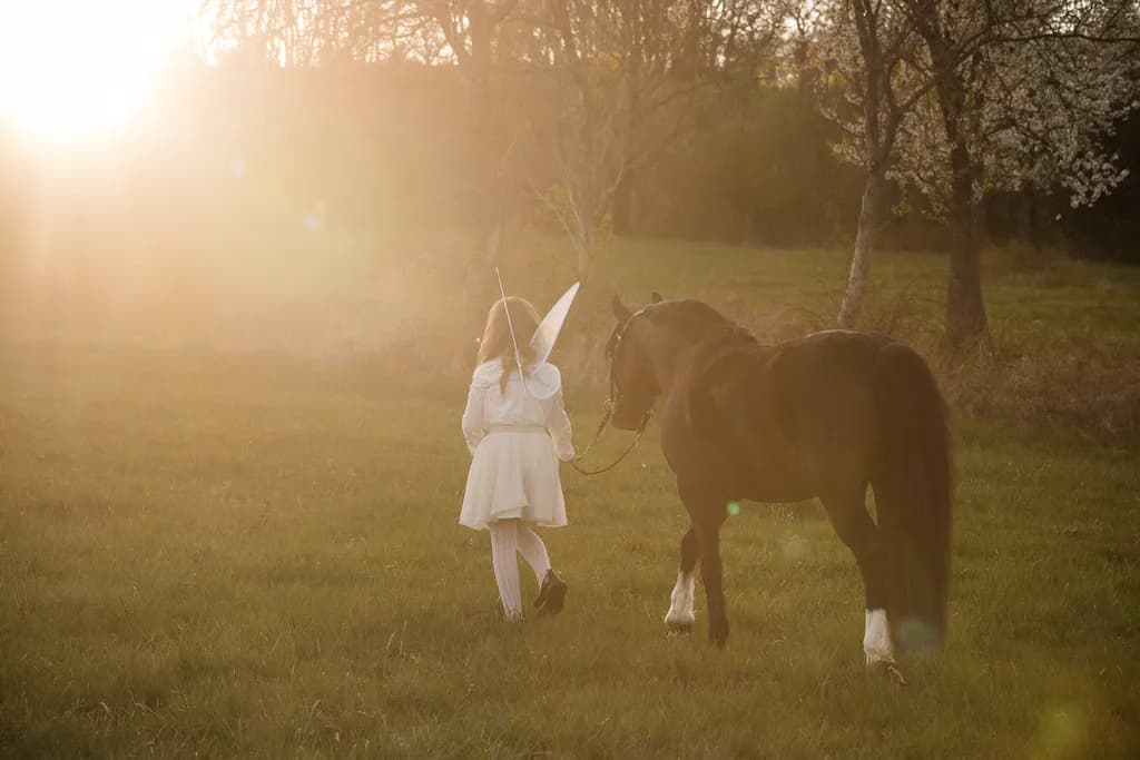 Whispers of Evening: A Serene Journey with a Magical Horse and Child