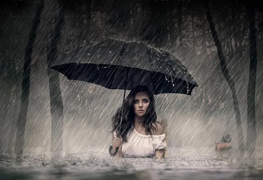 Whispers of Rain: A Solitary Figure Beneath the Umbrella in a Flooded Landscape