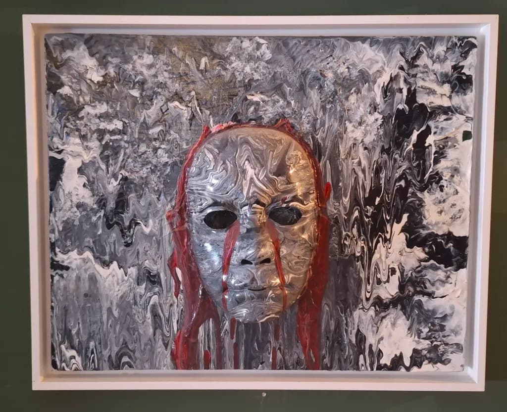 Eerie Monochrome Mask: A Textured Journey Through Abstract Emotion
