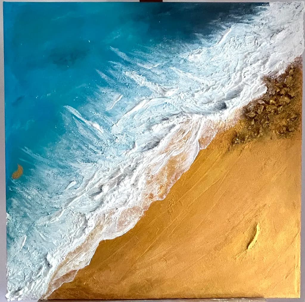 Whispers of the Shore: A Serene Coastal Escape in Textured Blues and Golds