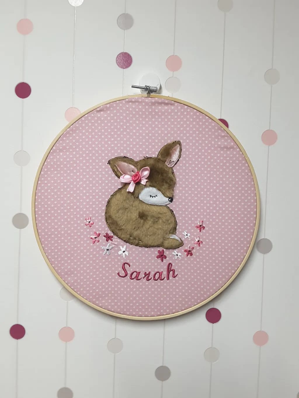 Whimsical Bunny Embroidery: Personalized Pink Decor for a Charming Touch