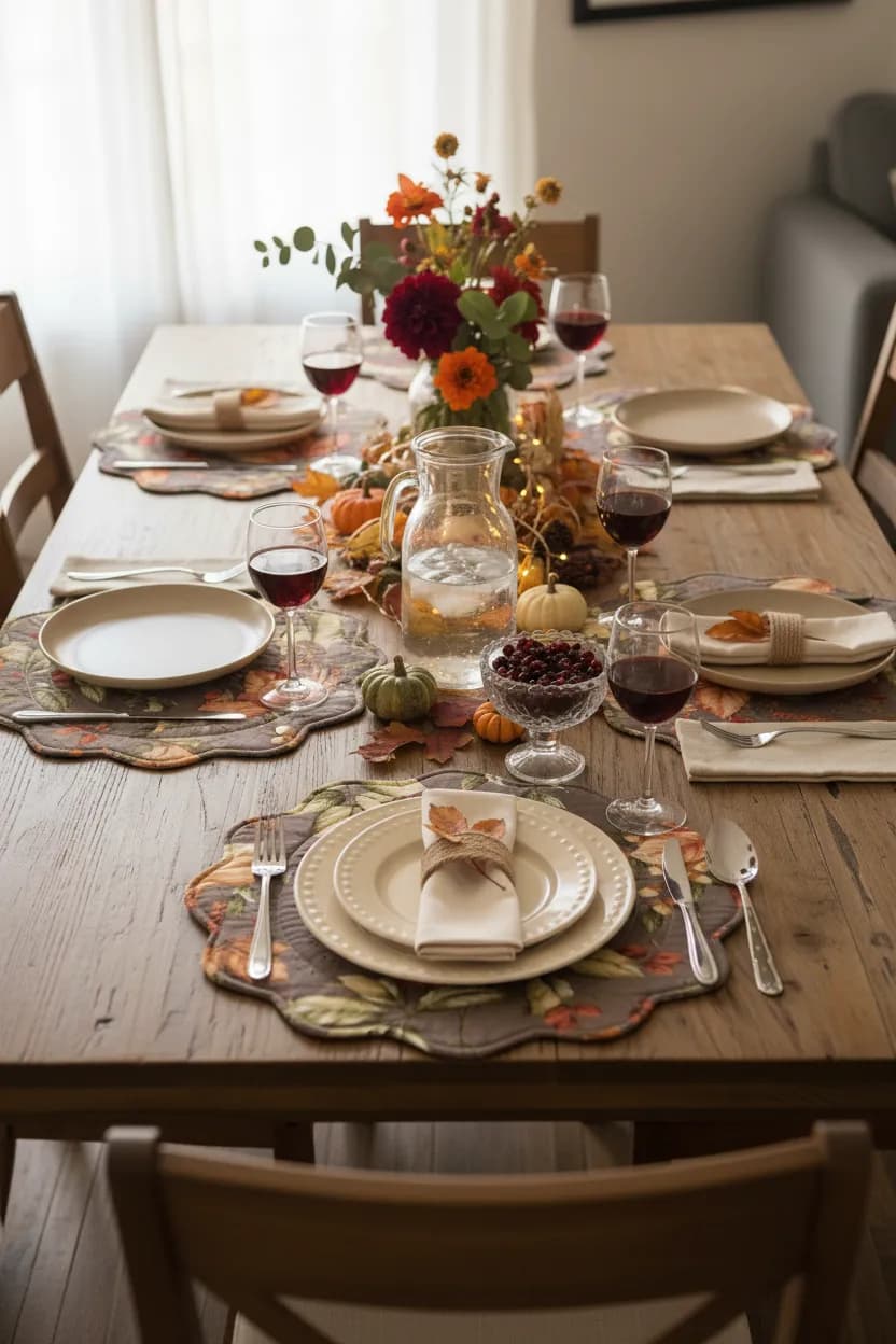 Autumn Elegance: A Cozy Thanksgiving Table Setting with Seasonal Decor and Warm Ambiance