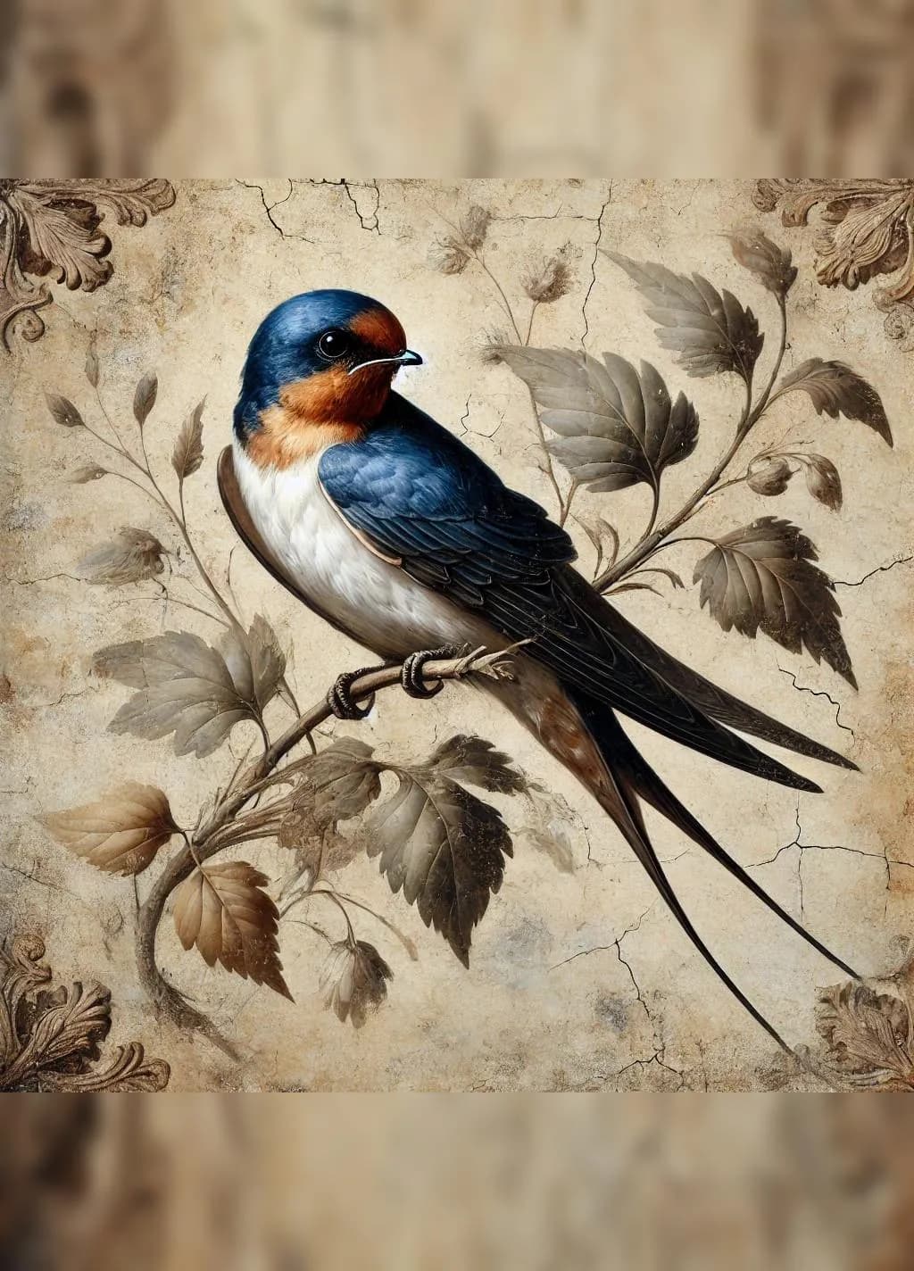 Whimsical Elegance: The Enigmatic Swallow Amongst Timeless Leaves