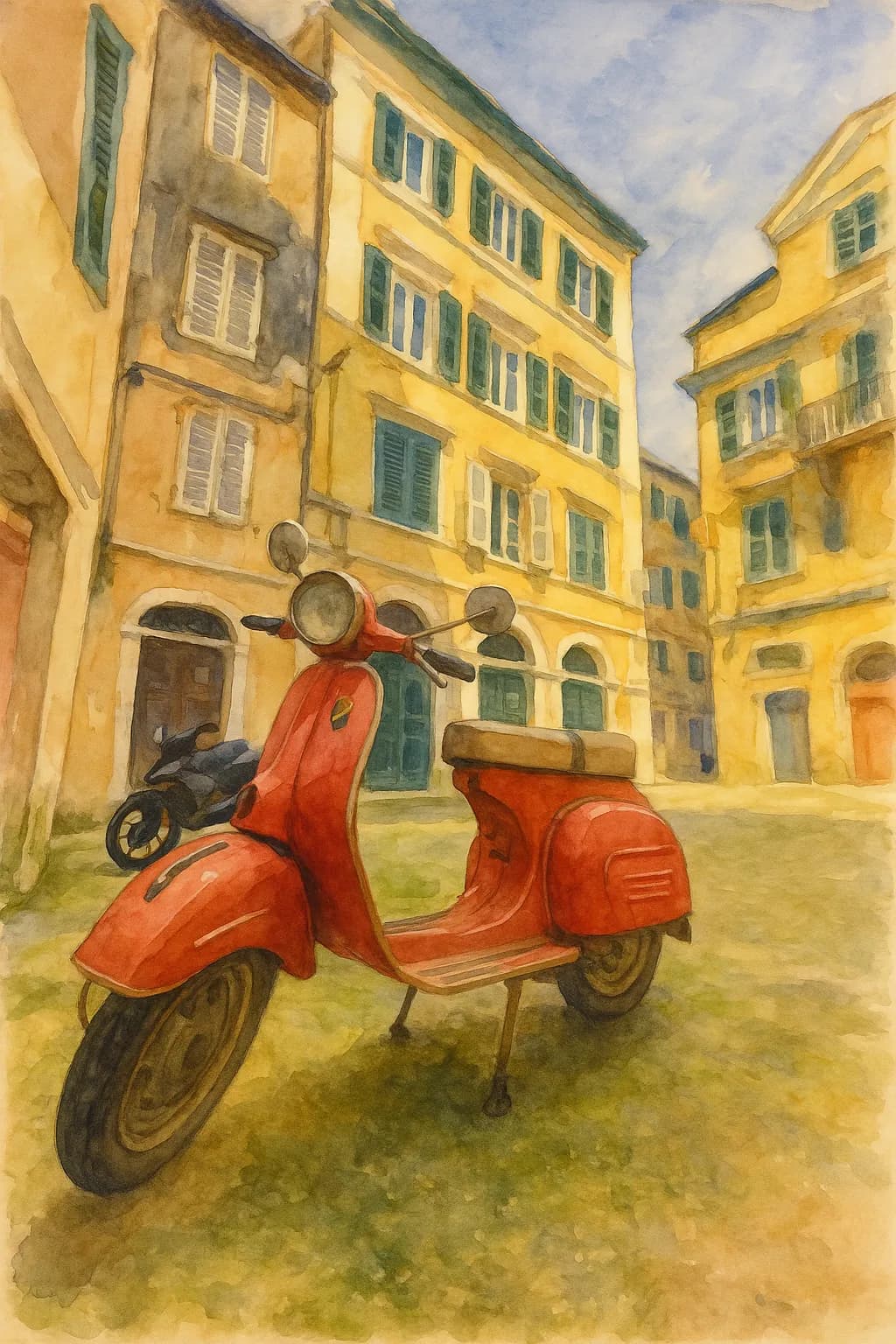 Whimsical Red Vespa: A Touch of Italian Charm in Watercolor Dreams