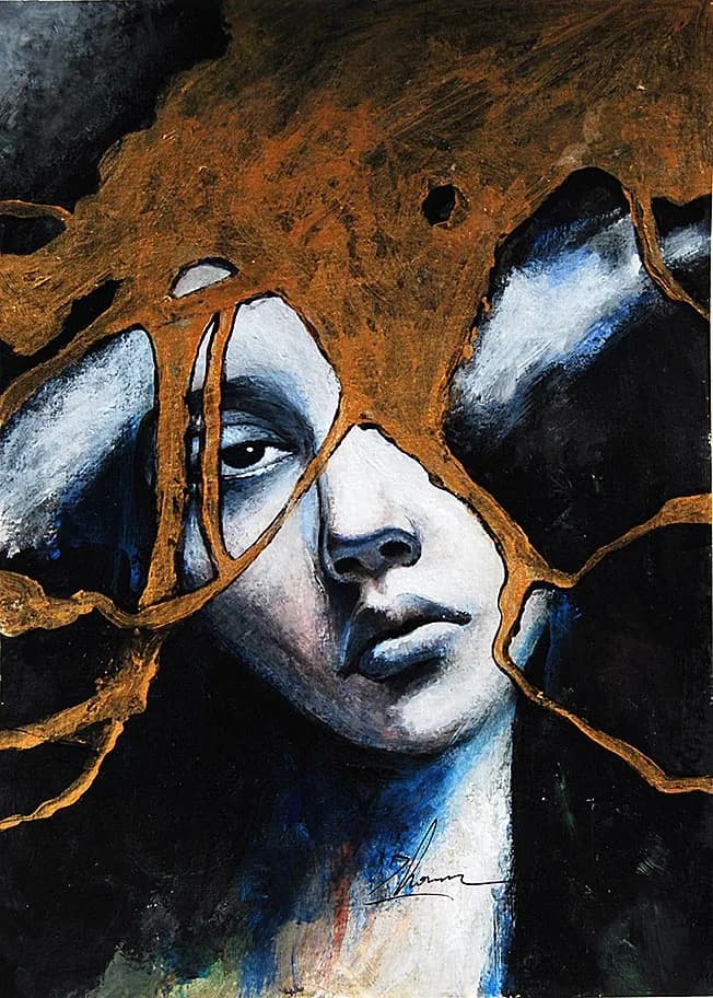 Whispers of the Soul: A Fragmented Reflection in Gold and Shadow