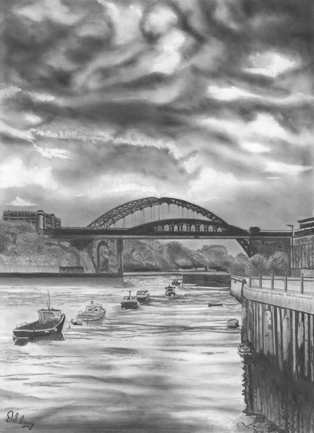 Whispers of the Monochrome River: A Serene Landscape of Boats and Bridges