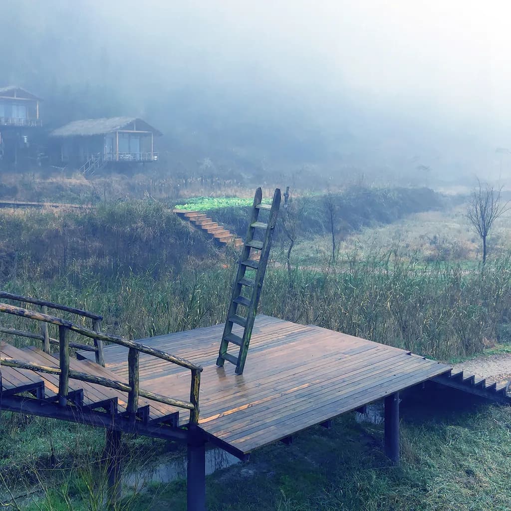 Ladder to the Unknown: A Journey Through Fog and Reflection