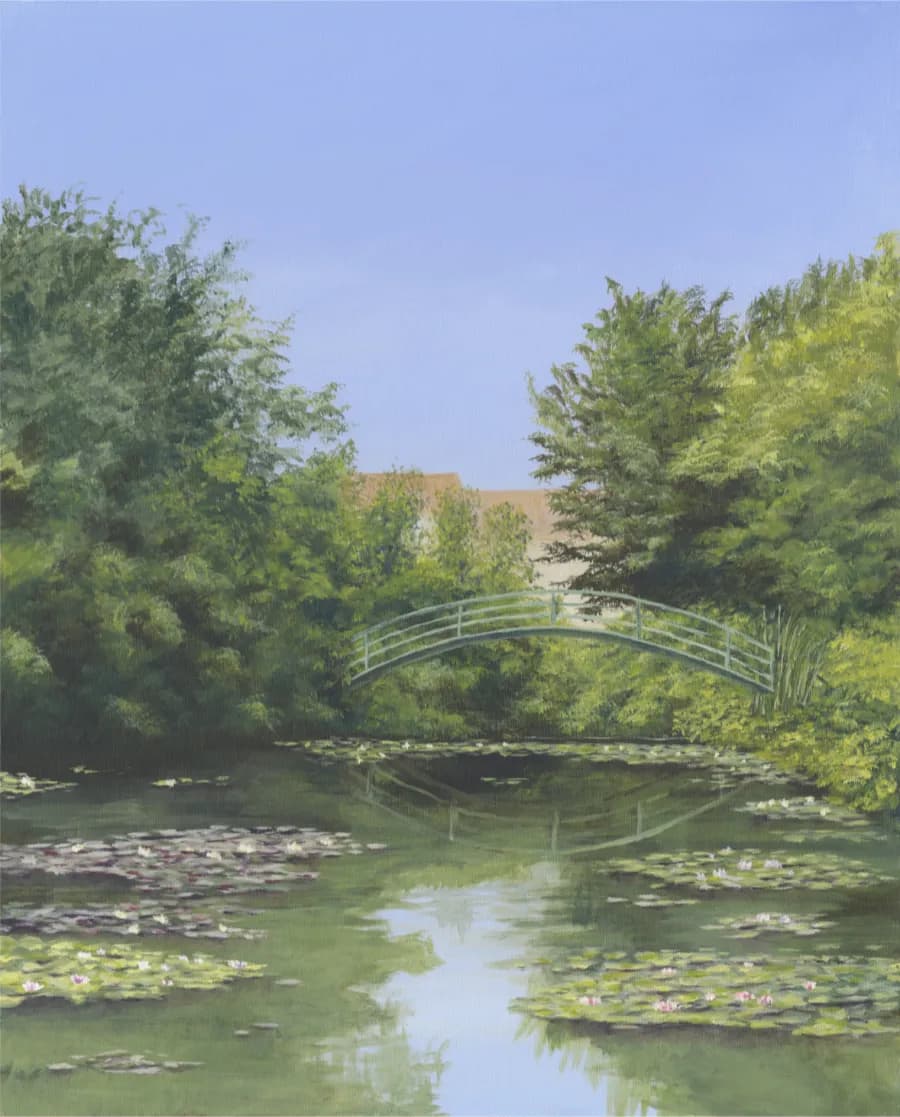 Whispers of Serenity: A Tranquil Bridge Over Lily-Laden Waters