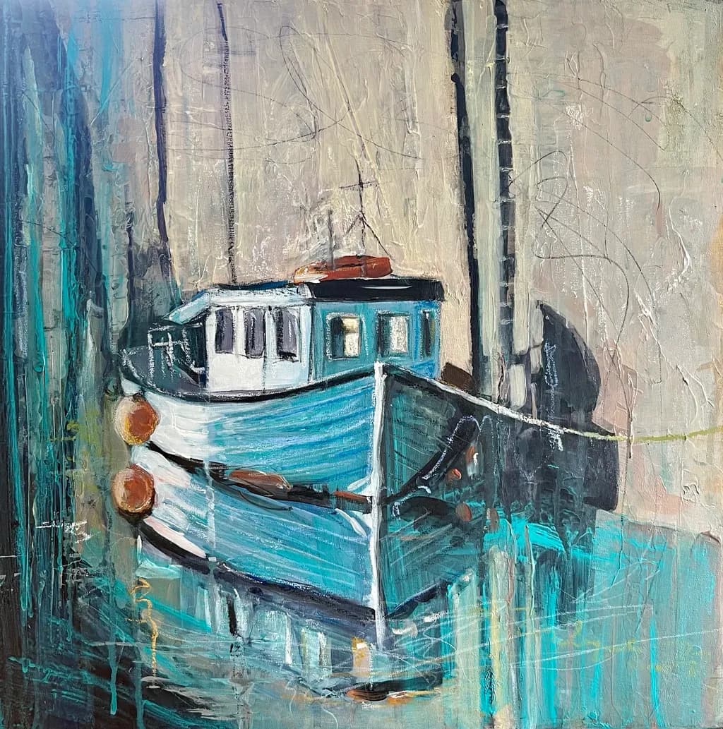 Serenity in Reflection: A Tranquil Blue Boat Amidst Water's Embrace
