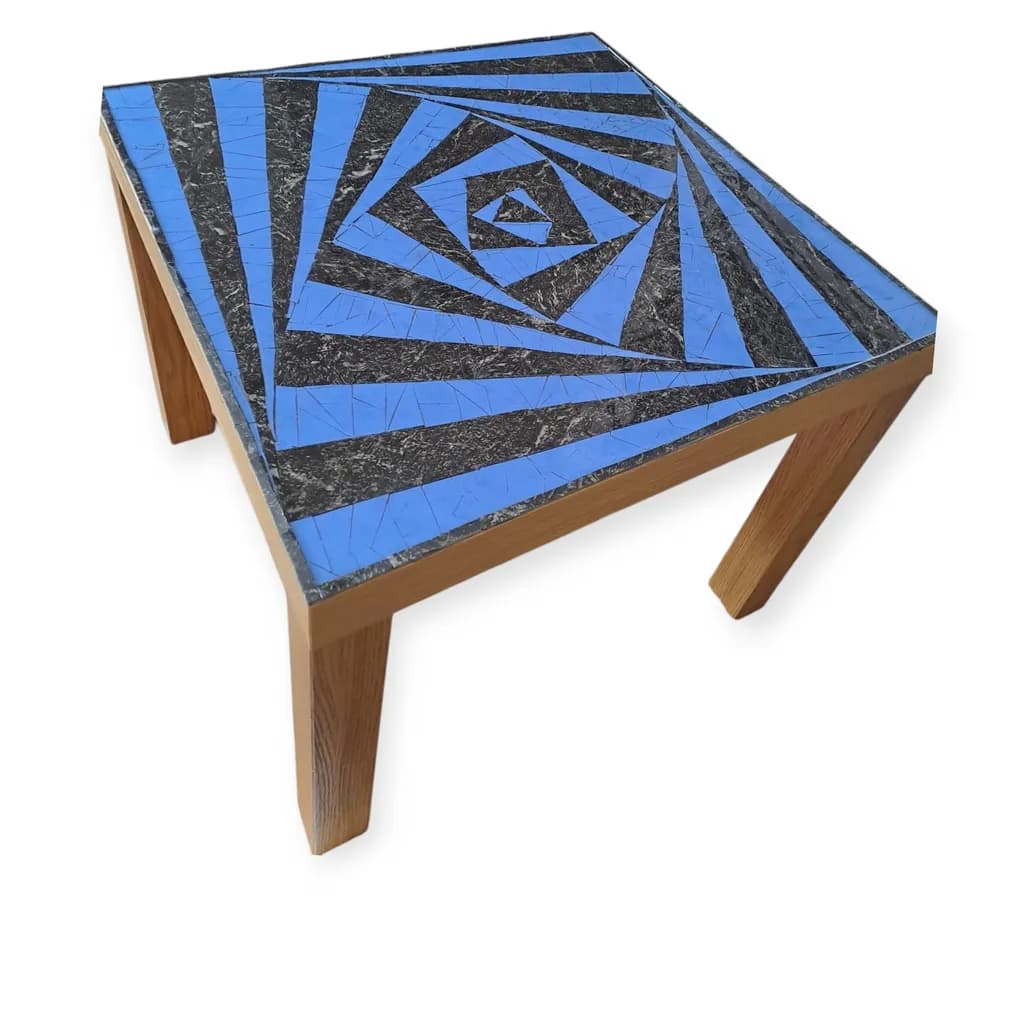 Geometric Harmony: A Modern Blue Decorative Table with Spiraling Design