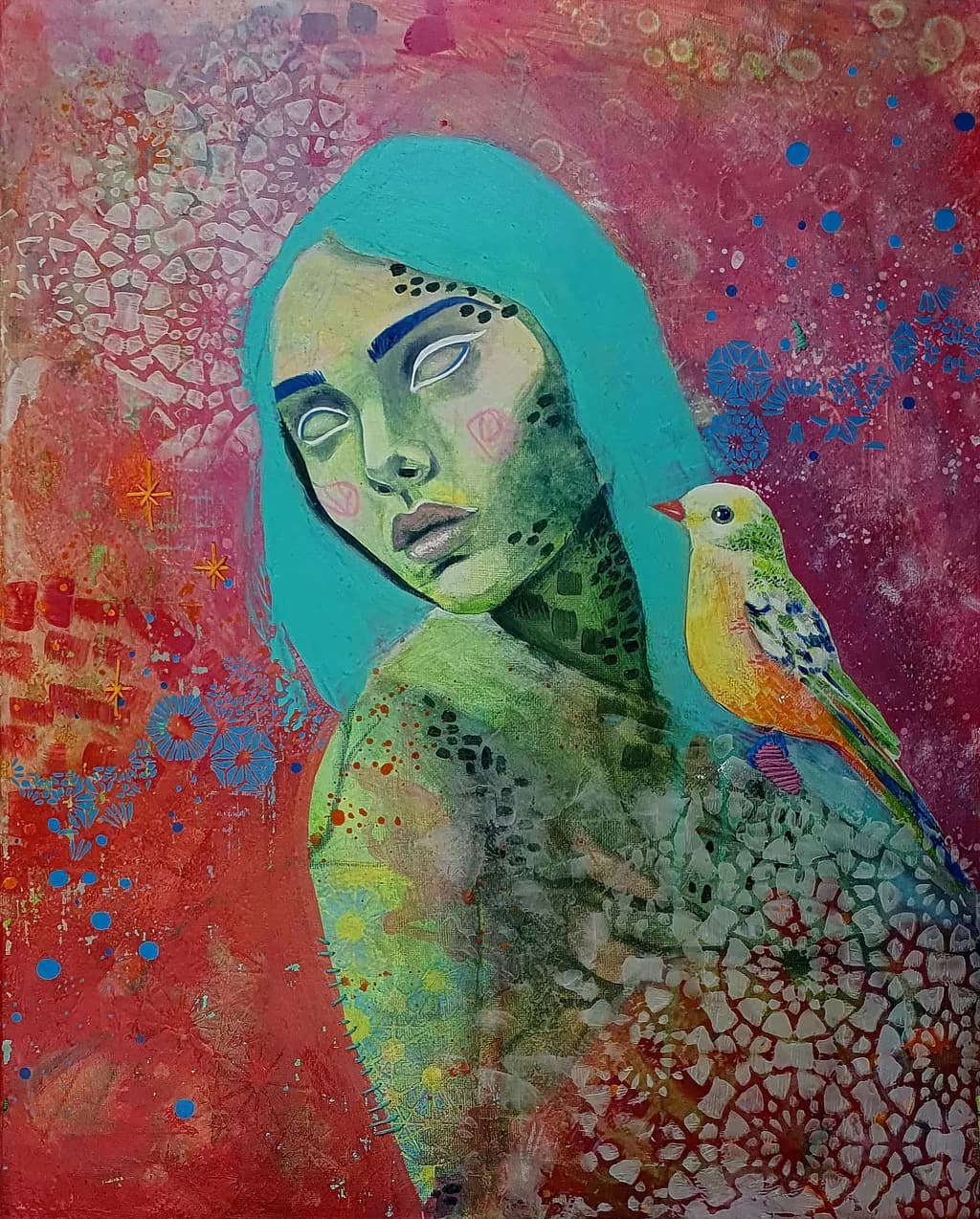 Whispers of Color: A Serene Connection Between Woman and Bird