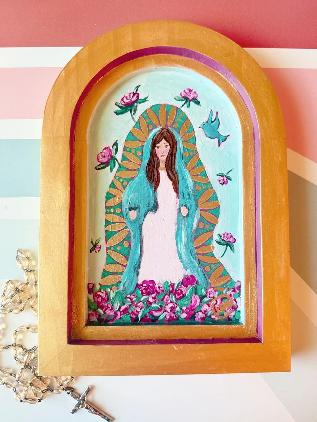 Framed Sacred Figure with Roses and Bird