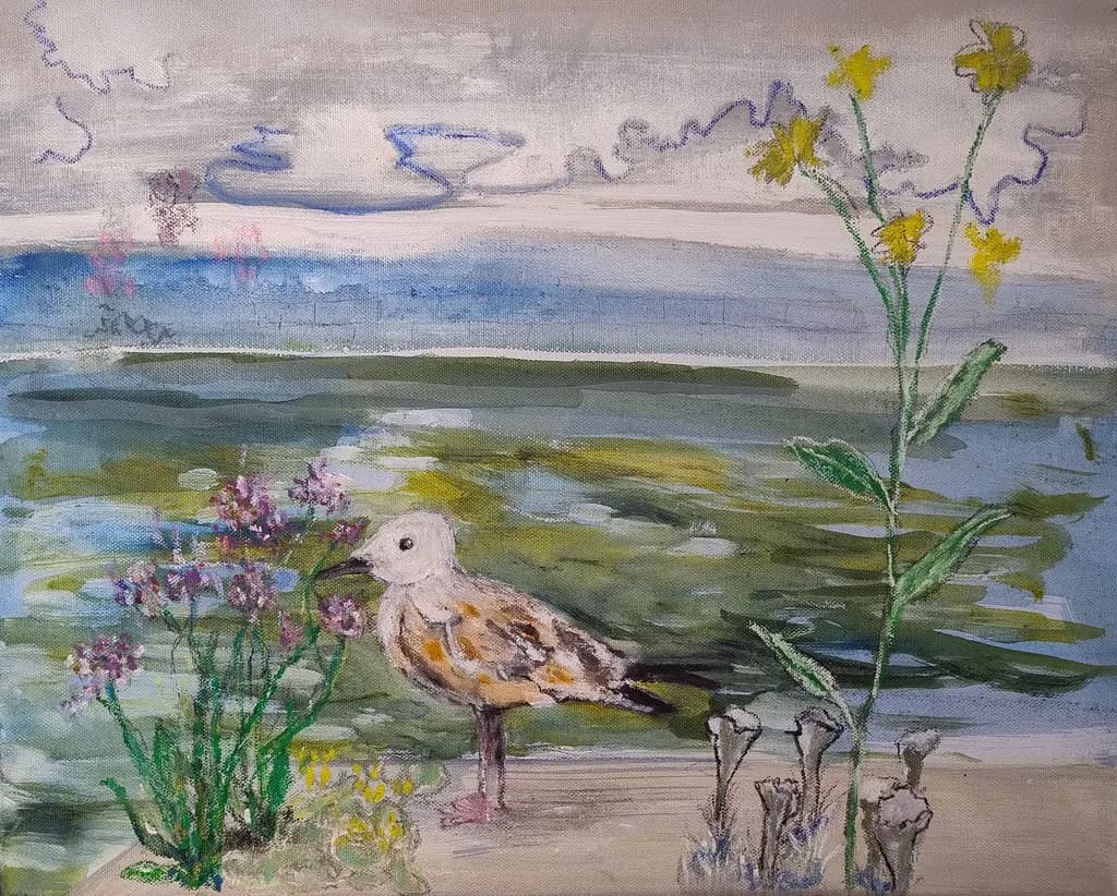 Whispers of Nature: A Serene Bird Among Blossoms by the Water's Edge