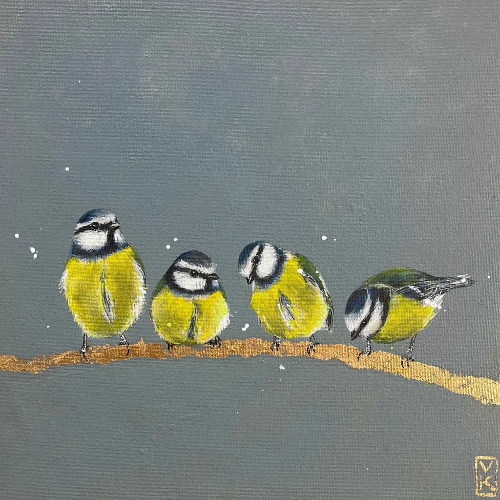 Four Bluetits on Gold Branch