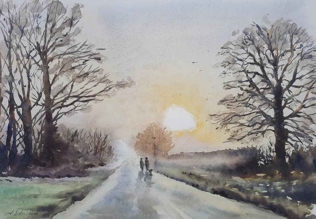 Whispers of Twilight: A Serene Watercolor Journey Through Sunset-Lit Trees and Tranquil Roads