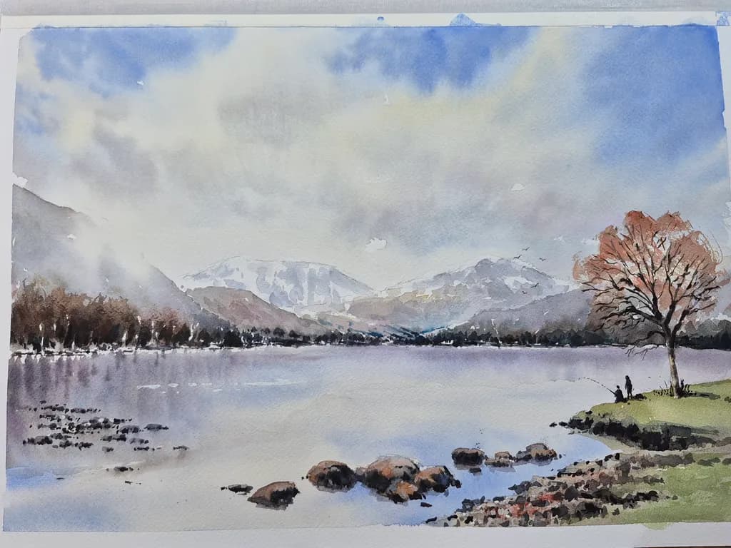 Whispers of Tranquility: A Serene Lakeside Landscape in Watercolor