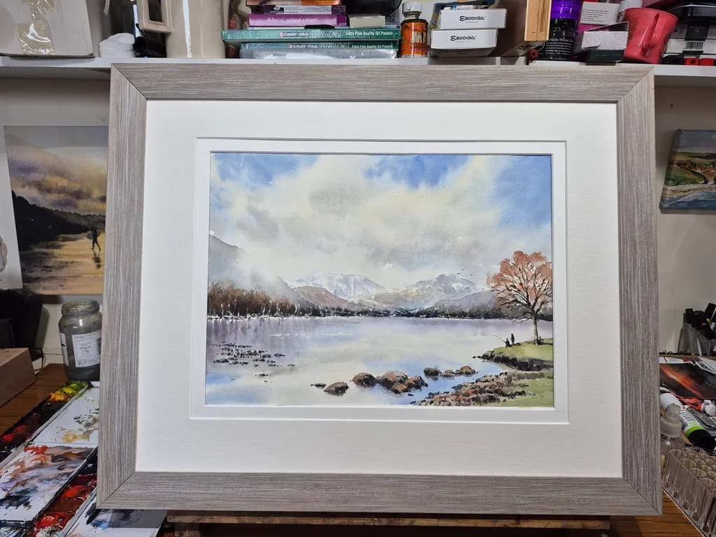 Serenity by the Lake: A Tranquil Watercolor Landscape with Majestic Mountains and Gentle Reflections