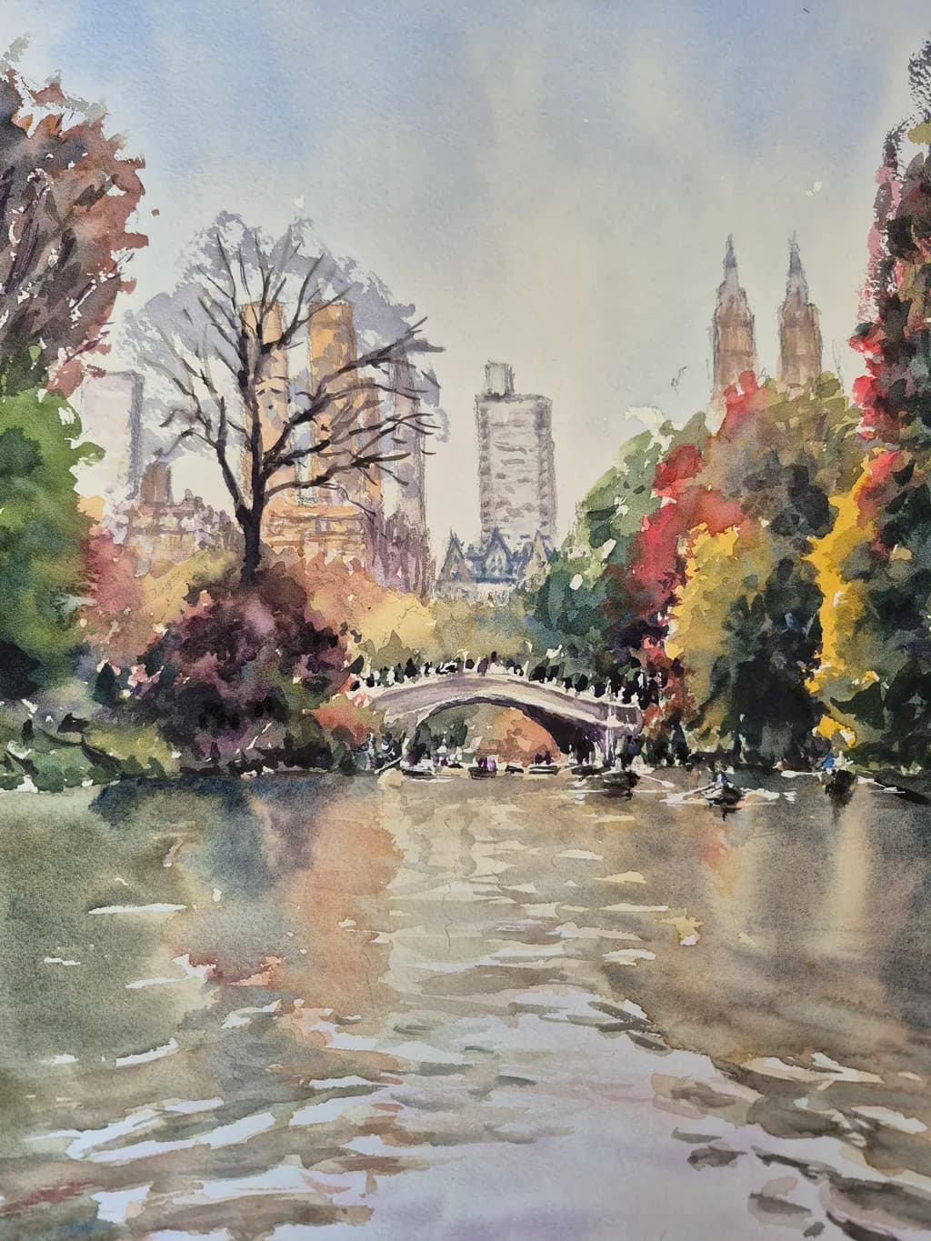 Autumn Reflections: A Serene Cityscape Over the Bridge in Watercolor Harmony