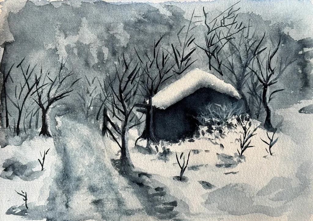 Whispers of Winter: A Serene Snowy Landscape with a Cozy Cabin